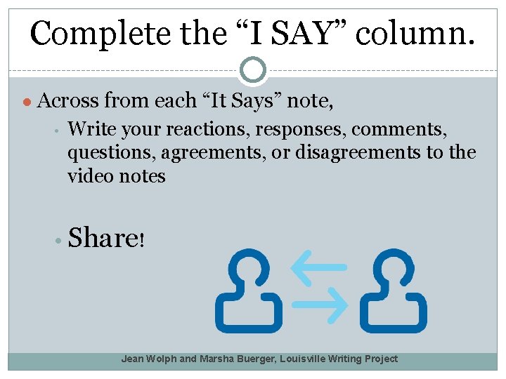 Complete the “I SAY” column. ● Across from each “It Says” note, • Write