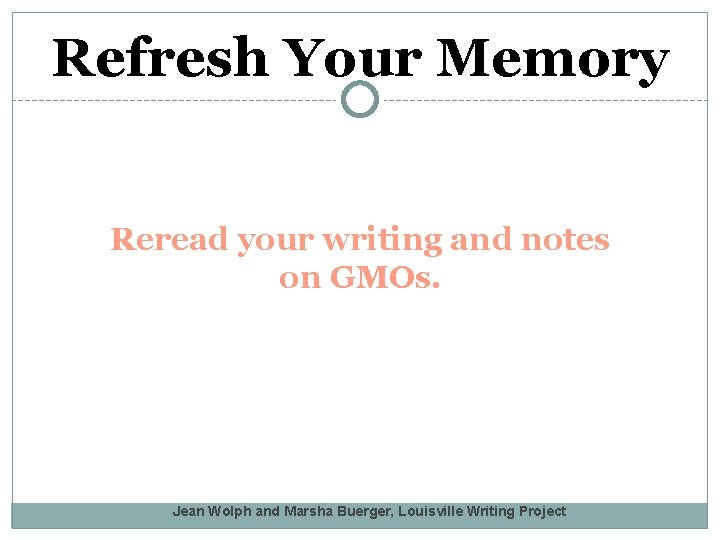 Refresh Your Memory Reread your writing and notes on GMOs. Jean Wolph and Marsha