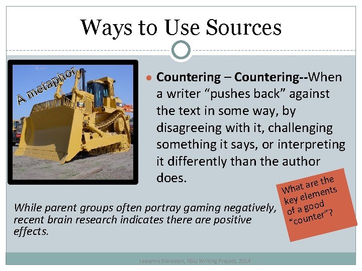 Ways to Use Sources r ho p ta e A m ● Countering –