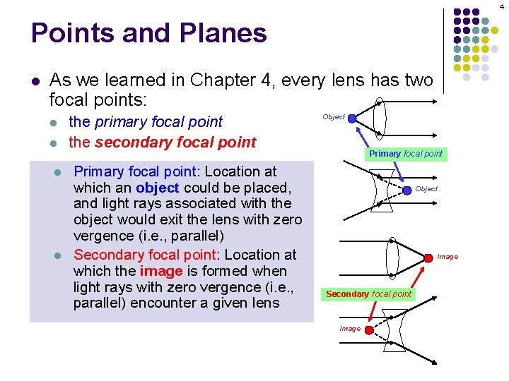 4 Points and Planes l As we learned in Chapter 4, every lens has 4 Points and Planes l As we learned in Chapter 4, every lens has