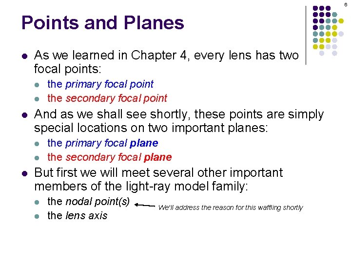 6 Points and Planes l As we learned in Chapter 4, every lens has 6 Points and Planes l As we learned in Chapter 4, every lens has