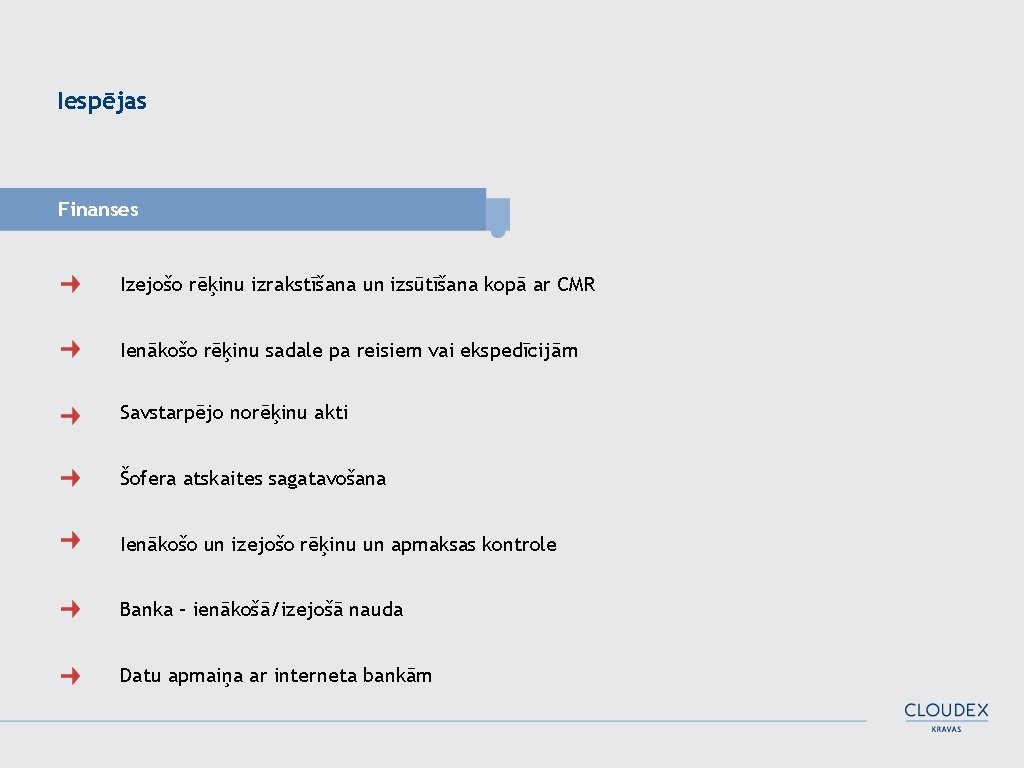 Iespējas Finanses Izejošo rēķinu izrakstīšana un izsūtīšana kopā ar CMR Ienākošo rēķinu sadale pa