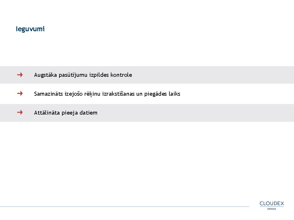 Ieguvumi Augstāka pasūtījumu izpildes kontrole Samazināts izejošo rēķinu izrakstīšanas un piegādes laiks Attālināta pieeja