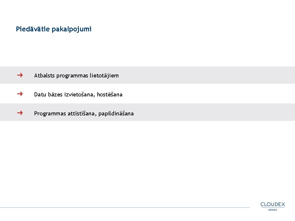 Piedāvātie pakalpojumi Atbalsts programmas lietotājiem Datu bāzes izvietošana, hostēšana Programmas attīstīšana, papildināšana 