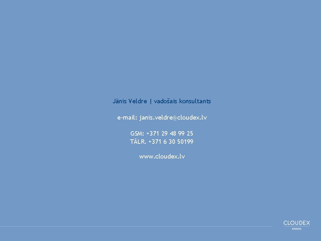 Jānis Veldre | vadošais konsultants e-mail: janis. veldre@cloudex. lv GSM: +371 29 48 99