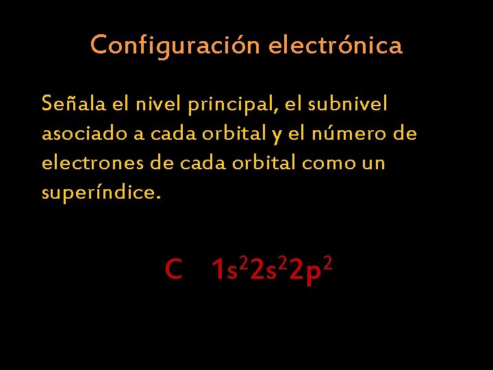 Configuración electrónica Señala el nivel principal, el subnivel asociado a cada orbital y el