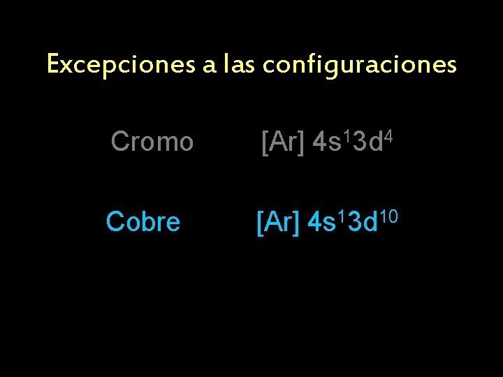 Excepciones a las configuraciones Cromo [Ar] 4 s 13 d 4 Cobre [Ar] 4