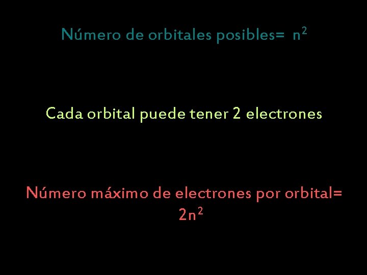 Número de orbitales posibles= n 2 Cada orbital puede tener 2 electrones Número máximo