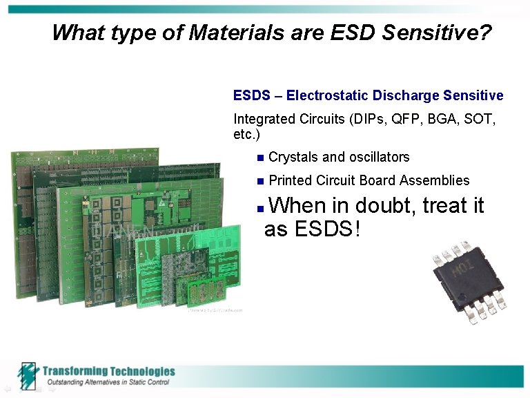 What type of Materials are ESD Sensitive? ESDS – Electrostatic Discharge Sensitive Integrated Circuits What type of Materials are ESD Sensitive? ESDS – Electrostatic Discharge Sensitive Integrated Circuits
