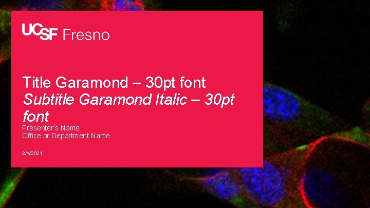 Title Garamond – 30 pt font Subtitle Garamond Italic – 30 pt font Presenter’s