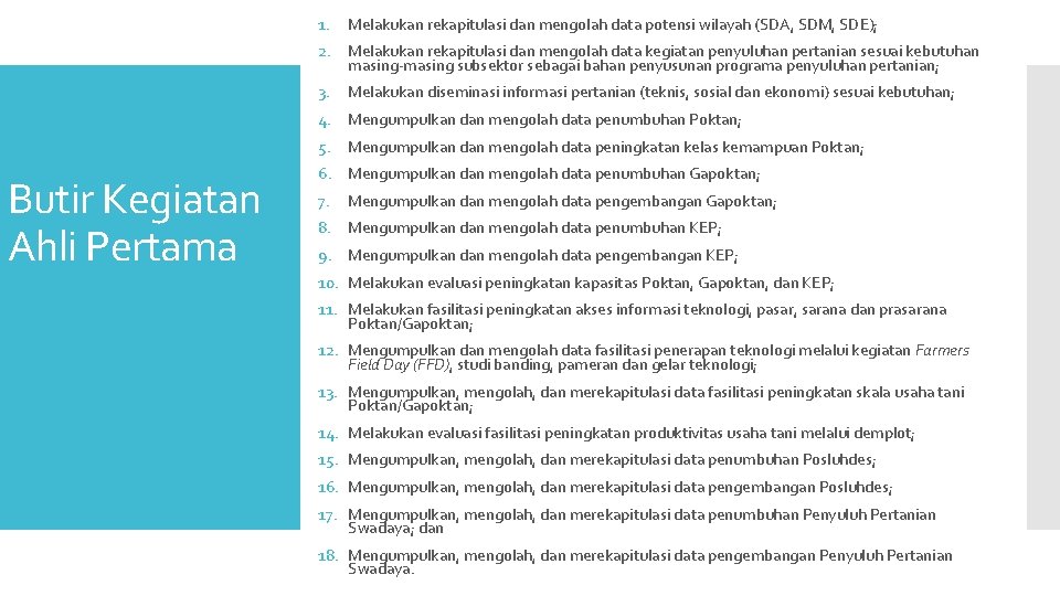 1. Melakukan rekapitulasi dan mengolah data potensi wilayah (SDA, SDM, SDE); 2. Melakukan rekapitulasi