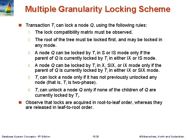 Multiple Granularity Locking Scheme n Transaction Ti can lock a node Q, using the