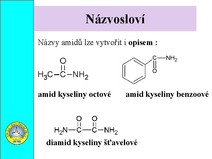 Názvosloví Názvy amidů lze vytvořit i opisem : amid kyseliny octové amid kyseliny benzoové