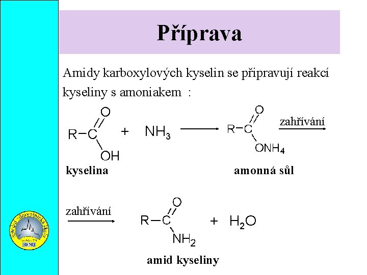 Příprava Amidy karboxylových kyselin se připravují reakcí kyseliny s amoniakem : + zahřívání NH