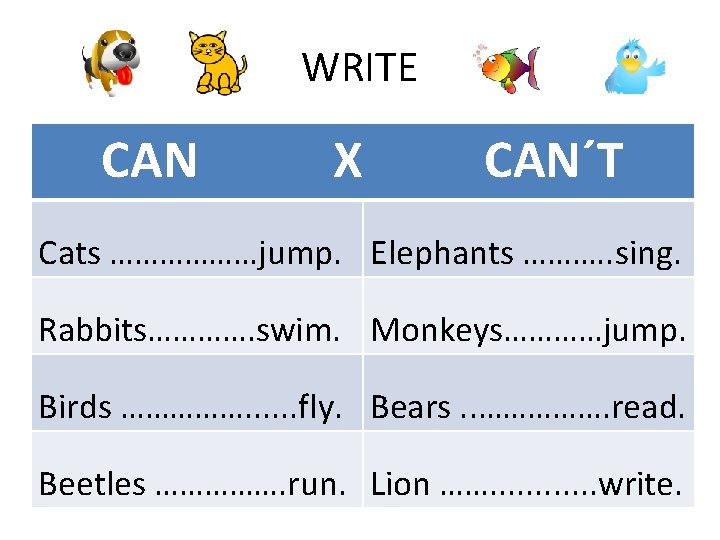 WRITE CAN X CAN´T Cats ………………jump. Elephants ………. . sing. Rabbits…………. swim. Monkeys…………jump. Birds