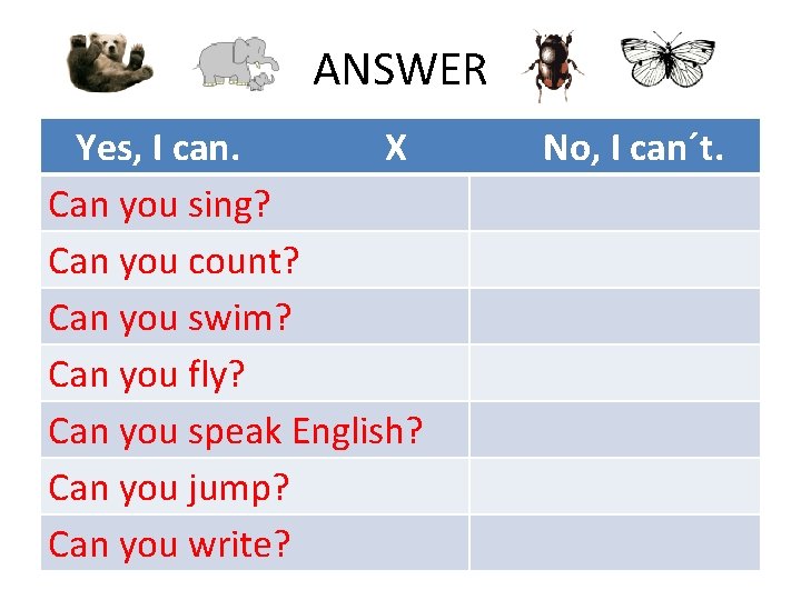 ANSWER Yes, I can. X Can you sing? Can you count? Can you swim?