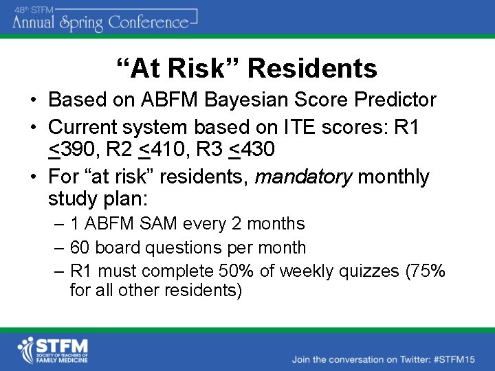 “At Risk” Residents • Based on ABFM Bayesian Score Predictor • Current system based