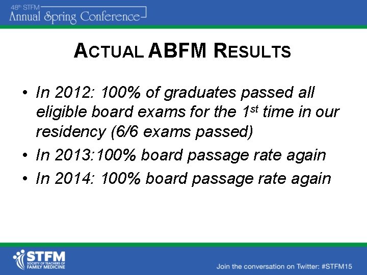 ACTUAL ABFM RESULTS • In 2012: 100% of graduates passed all eligible board exams