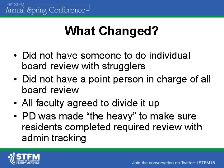 What Changed? • Did not have someone to do individual board review with strugglers