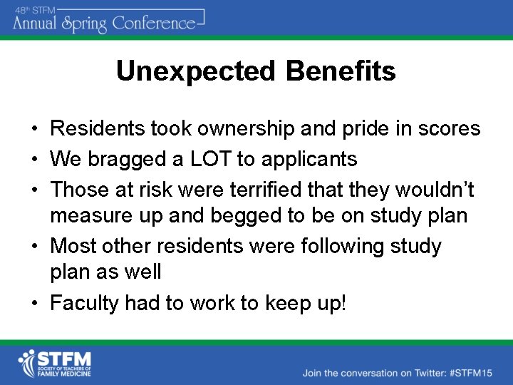 Unexpected Benefits • Residents took ownership and pride in scores • We bragged a