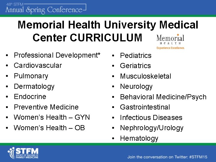 Memorial Health University Medical Center CURRICULUM • • Professional Development* Cardiovascular Pulmonary Dermatology Endocrine