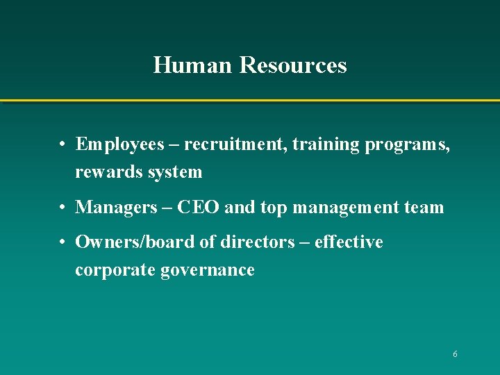Human Resources • Employees – recruitment, training programs, rewards system • Managers – CEO