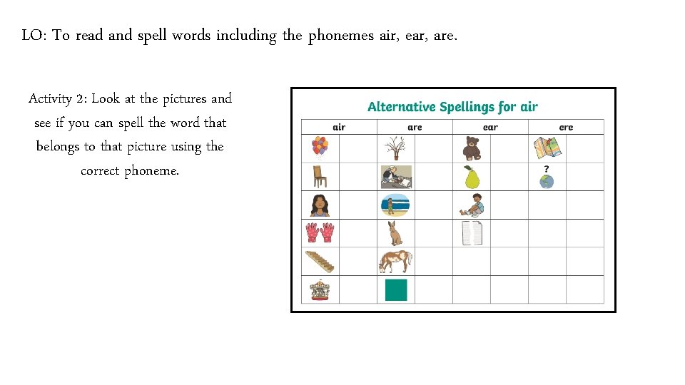 LO: To read and spell words including the phonemes air, ear, are. Activity 2: