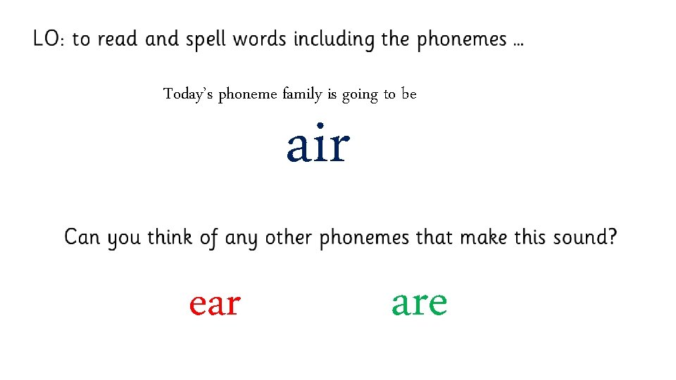 Today’s phoneme family is going to be air ear are 