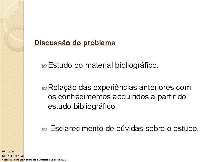 Discussão do problema Estudo do material bibliográfico. Relação das experiências anteriores com os conhecimentos