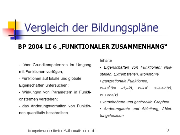 Vergleich der Bildungspläne BP 2004 LI 6 „FUNKTIONALER ZUSAMMENHANG“ Kompetenzorientierter Mathematikunterricht 3 