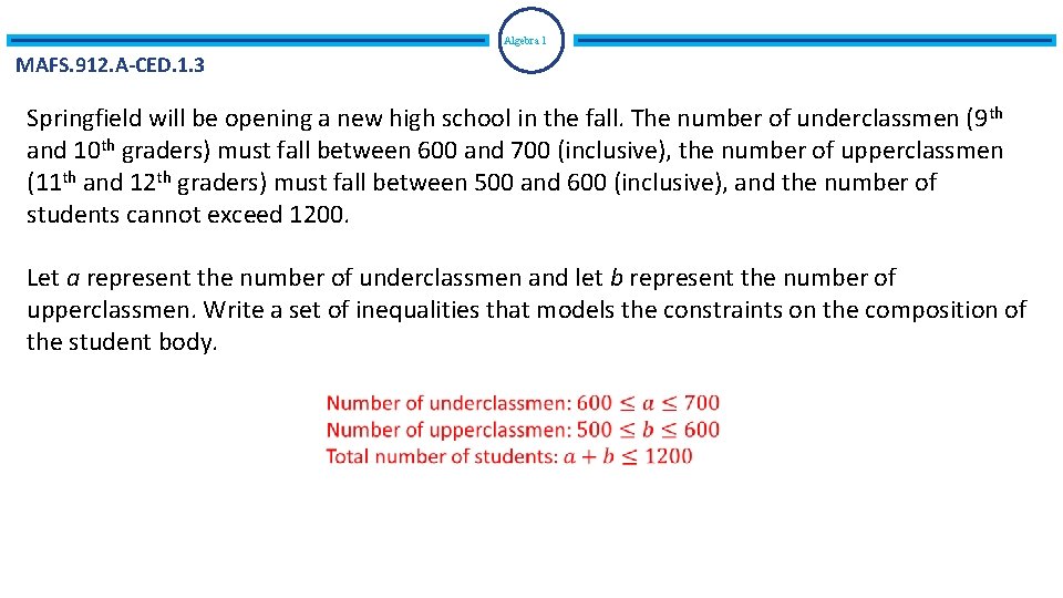 Algebra 1 MAFS. 912. A-CED. 1. 3 Springfield will be opening a new high Algebra 1 MAFS. 912. A-CED. 1. 3 Springfield will be opening a new high