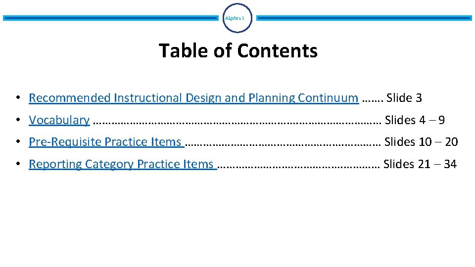 Algebra 1 Table of Contents • Recommended Instructional Design and Planning Continuum ……. Slide Algebra 1 Table of Contents • Recommended Instructional Design and Planning Continuum ……. Slide