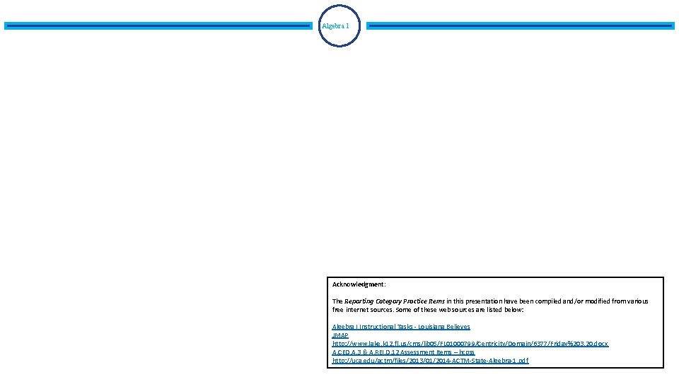 Algebra 1 Acknowledgment: The Reporting Category Practice Items in this presentation have been compiled Algebra 1 Acknowledgment: The Reporting Category Practice Items in this presentation have been compiled