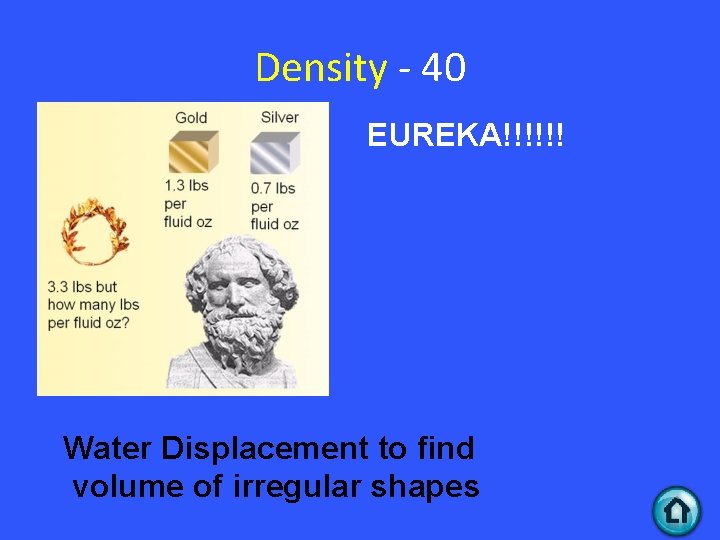 Density - 40 EUREKA!!!!!! Water Displacement to find volume of irregular shapes 