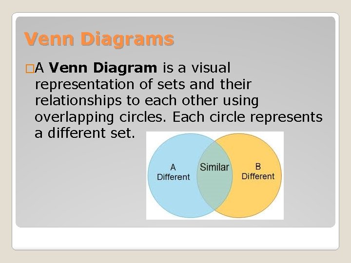 Venn Diagrams �A Venn Diagram is a visual representation of sets and their relationships Venn Diagrams �A Venn Diagram is a visual representation of sets and their relationships