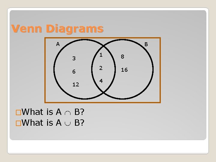 Venn Diagrams A B 3 6 12 �What is A B? 1 8 2 Venn Diagrams A B 3 6 12 �What is A B? 1 8 2