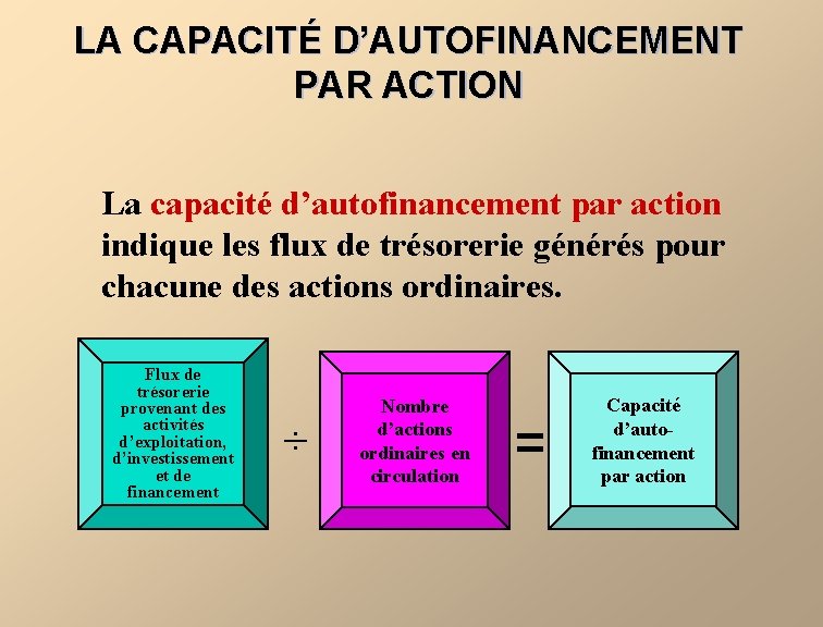 LA CAPACITÉ D’AUTOFINANCEMENT PAR ACTION La capacité d’autofinancement par action indique les flux de