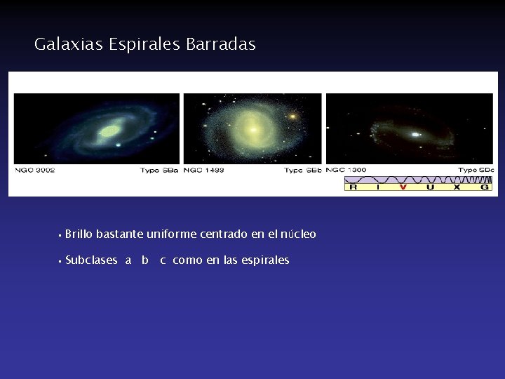 Galaxias Espirales Barradas • Brillo bastante uniforme centrado en el núcleo • Subclases a