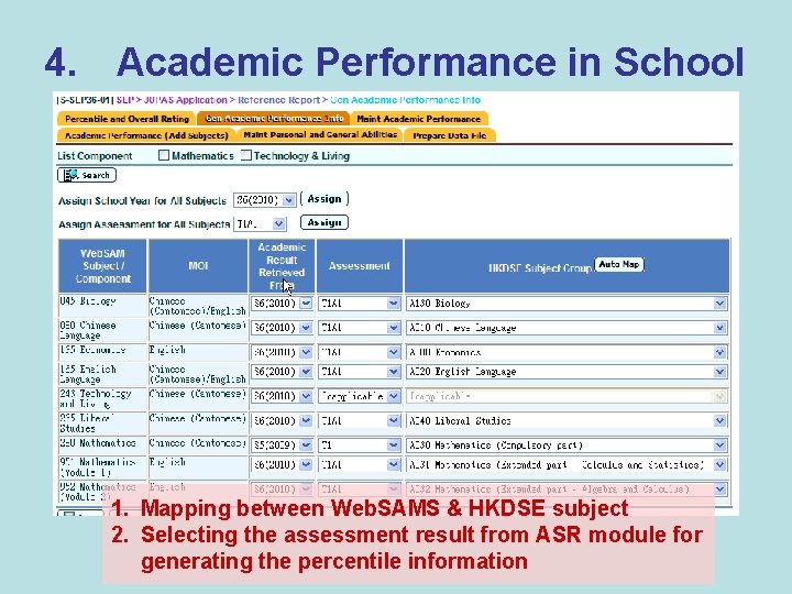 4. Academic Performance in School 1. Mapping between Web. SAMS & HKDSE subject 2.