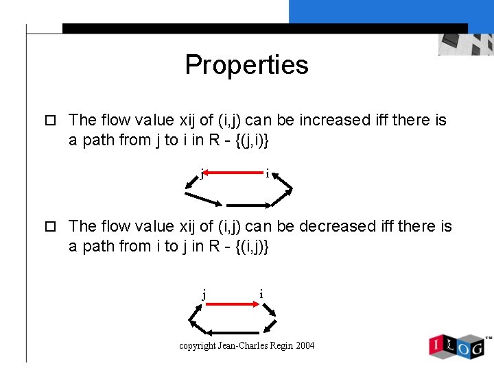 Properties o The flow value xij of (i, j) can be increased iff there