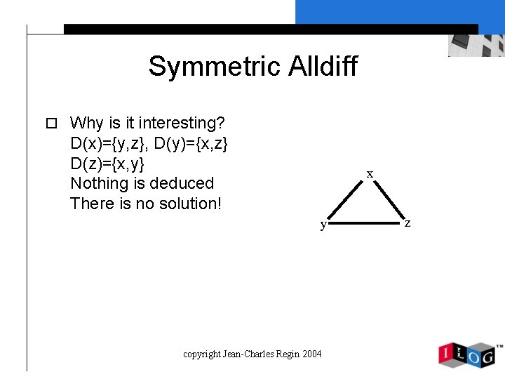 Symmetric Alldiff o Why is it interesting? D(x)={y, z}, D(y)={x, z} D(z)={x, y} Nothing