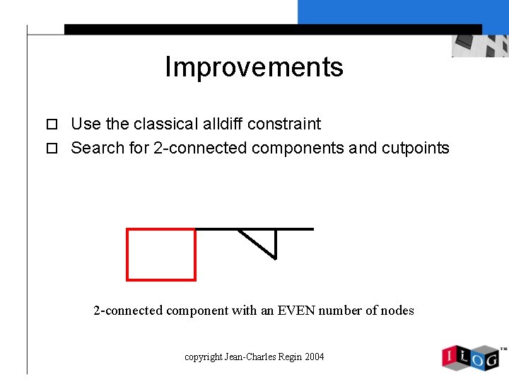 Improvements o Use the classical alldiff constraint o Search for 2 -connected components and