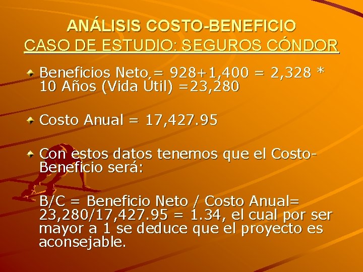 ANÁLISIS COSTO-BENEFICIO CASO DE ESTUDIO: SEGUROS CÓNDOR Beneficios Neto = 928+1, 400 = 2,