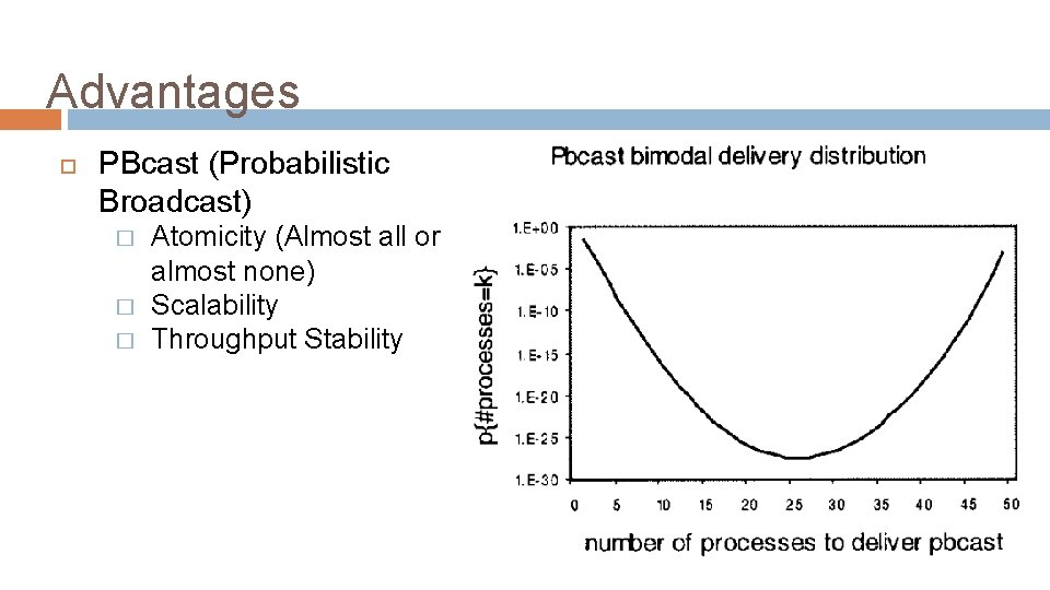 Advantages PBcast (Probabilistic Broadcast) � � � Atomicity (Almost all or almost none) Scalability