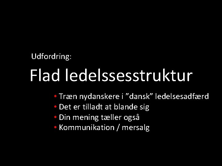 Udfordring: Flad ledelssesstruktur • Træn nydanskere i ”dansk” ledelsesadfærd • Det er tilladt at