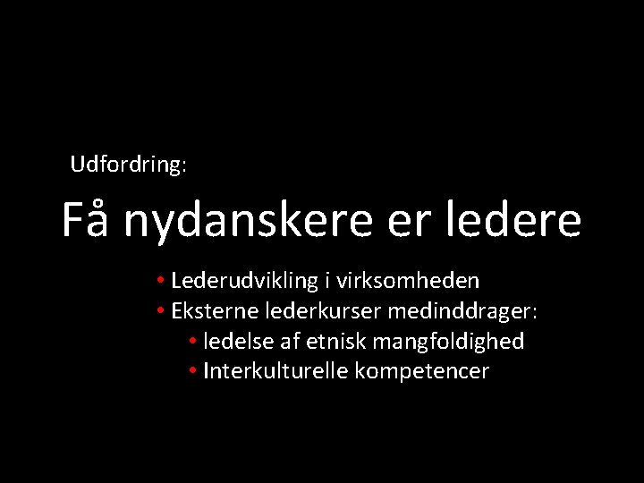 Udfordring: Få nydanskere er ledere • Lederudvikling i virksomheden • Eksterne lederkurser medinddrager: •