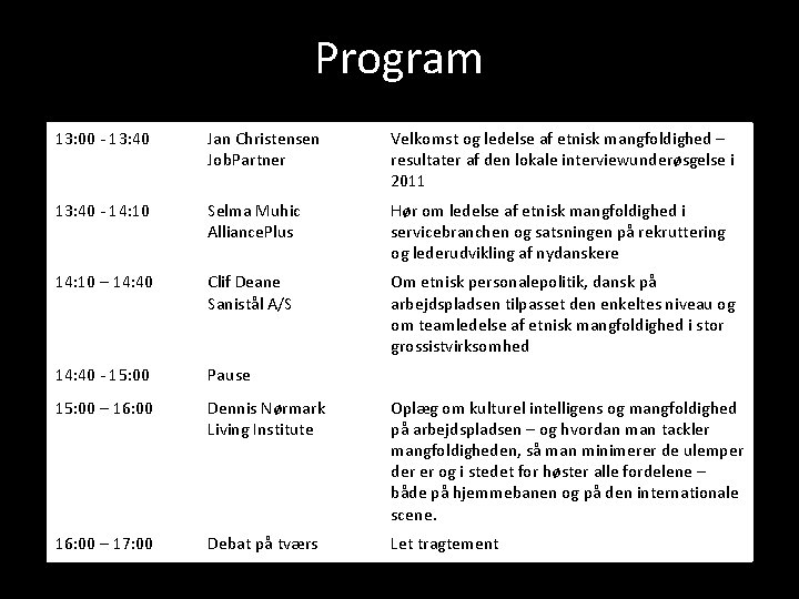 Program 13: 00 - 13: 40 Jan Christensen Job. Partner Velkomst og ledelse af