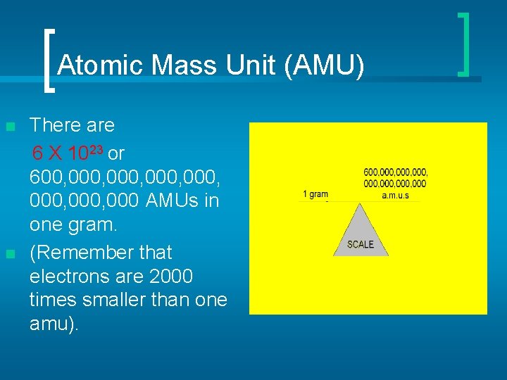 Atomic Mass Unit (AMU) There are 6 X 1023 or 600, 000, 000, 000