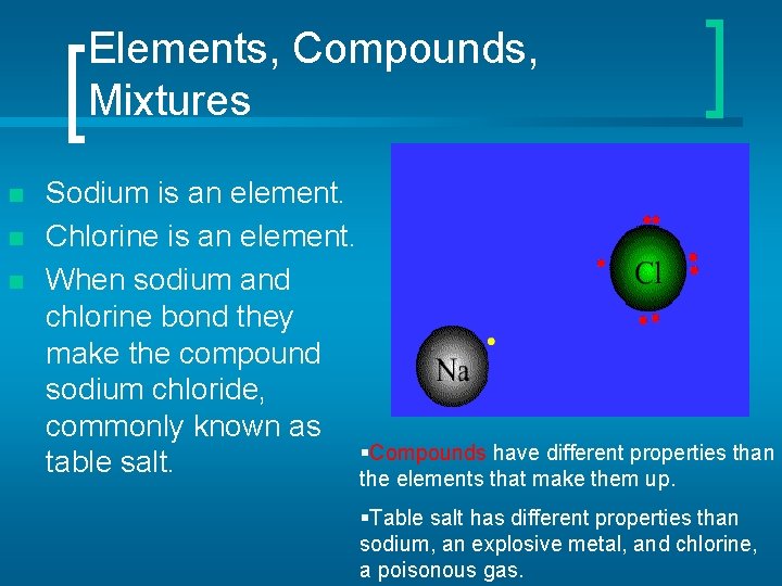 Elements, Compounds, Mixtures n n n Sodium is an element. Chlorine is an element.