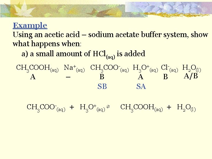 Example Using an acetic acid – sodium acetate buffer system, show what happens when: